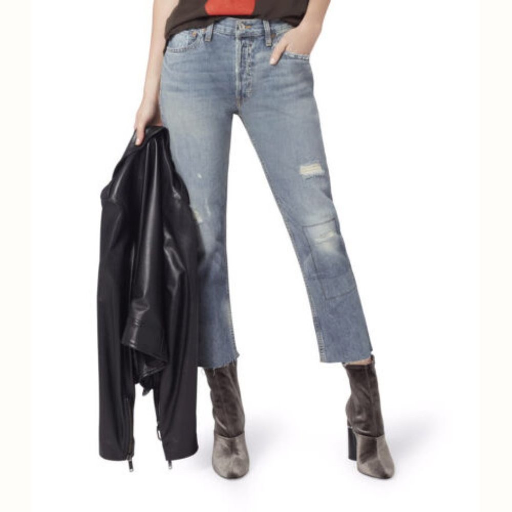Re/Done High Rise Ankle Crop Jeans 25 Ghost Wash Distressed New